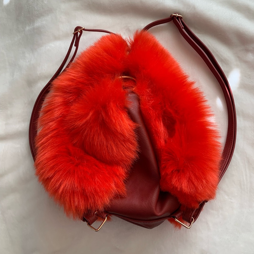 Free People Plush Faux Red Fur Purse, tote, backpack